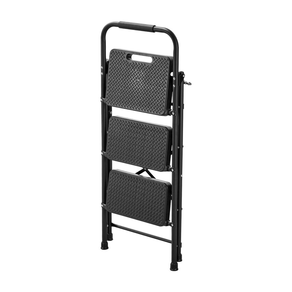 3-step folding ladder with textured non-slip step pads and curved handgrip, black