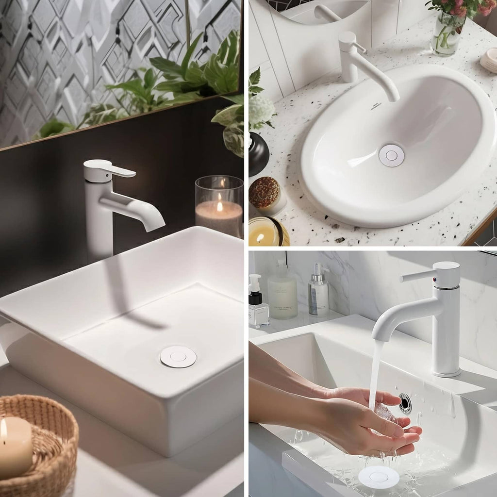 White pop-up sink stoppers installed in bathroom sinks with circular top covers