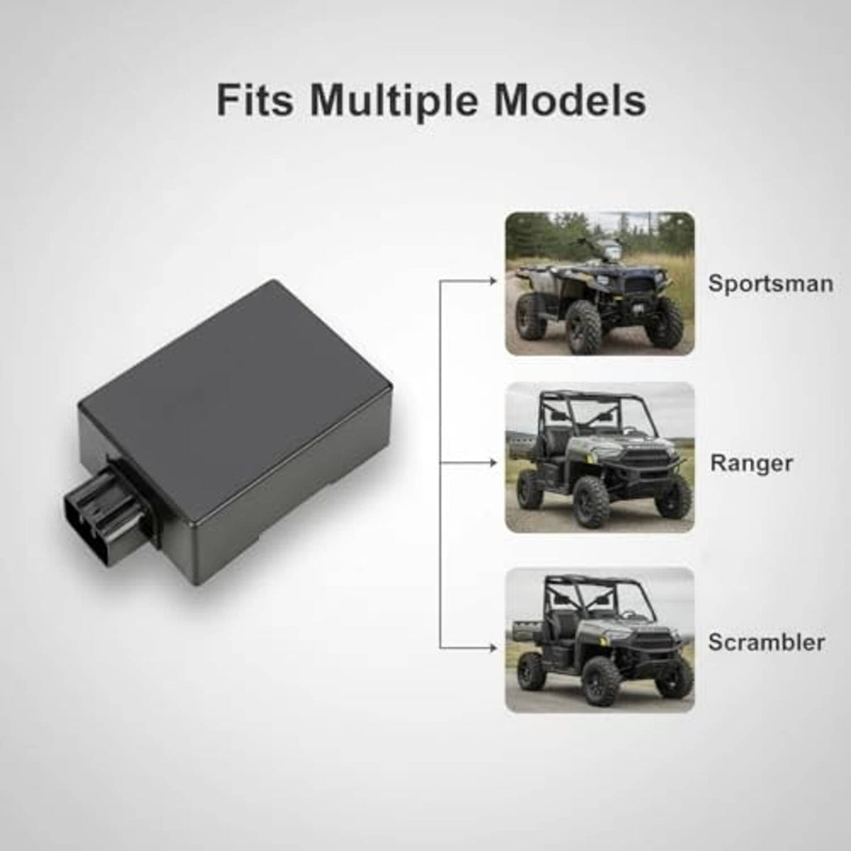 CDI ignition control box angled view, dark gray rectangular unit with side connector