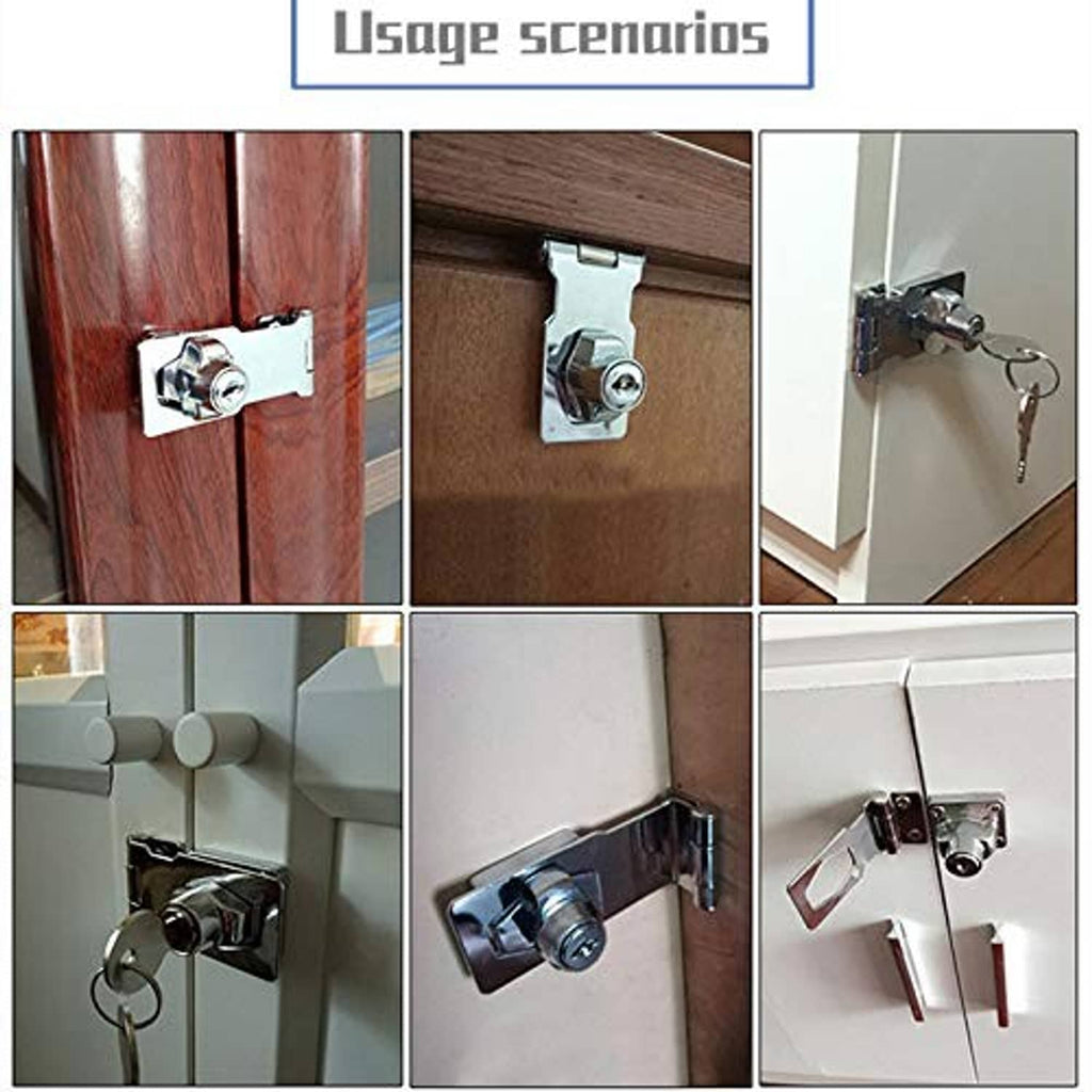 Keyed hasp locks shown in multiple door and cabinet installation views with keys