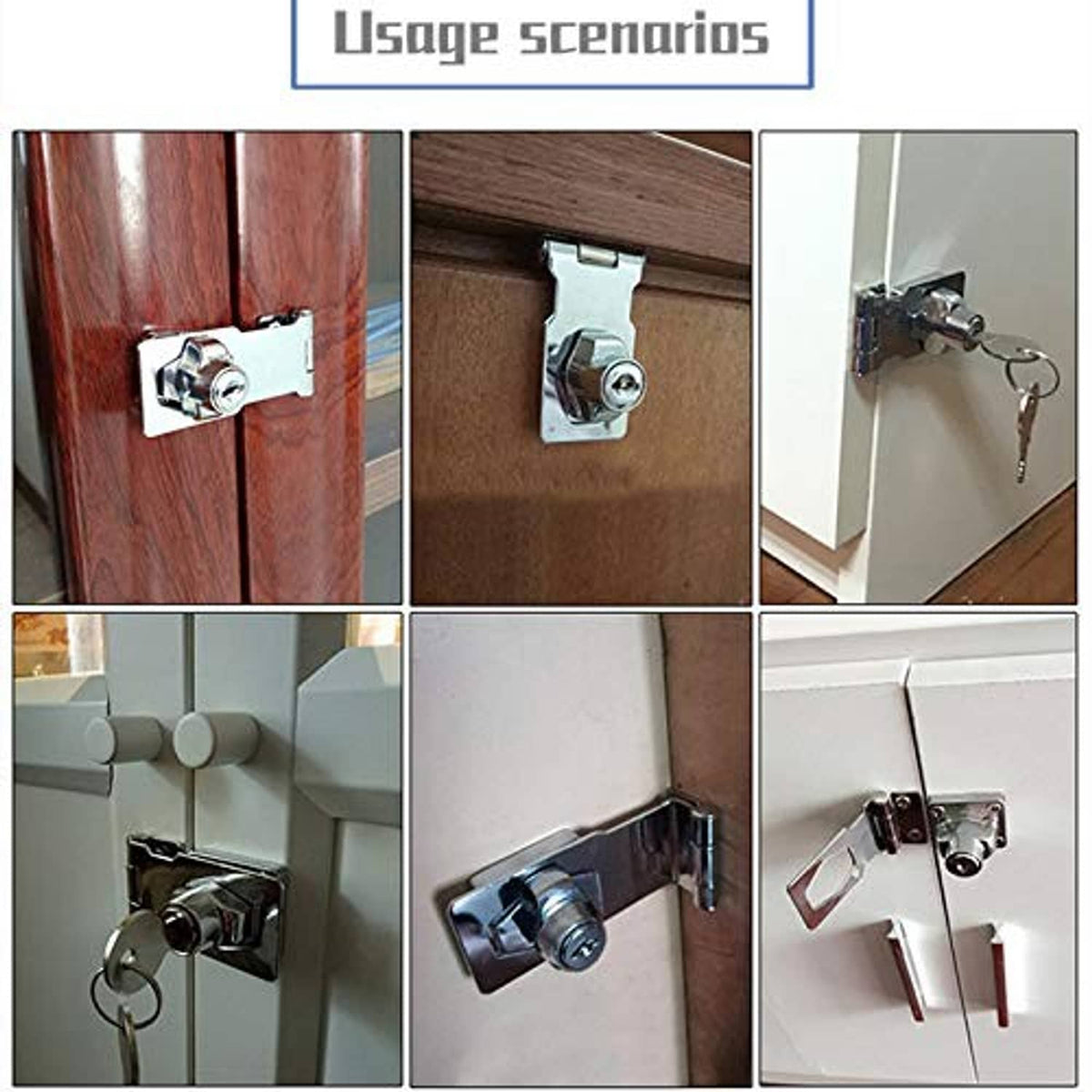 Keyed hasp locks shown in multiple door and cabinet installation views with keys