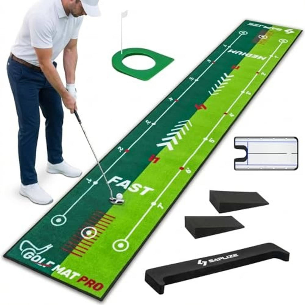 Green golf putting mat with straight alignment lines and fast/medium practice zones