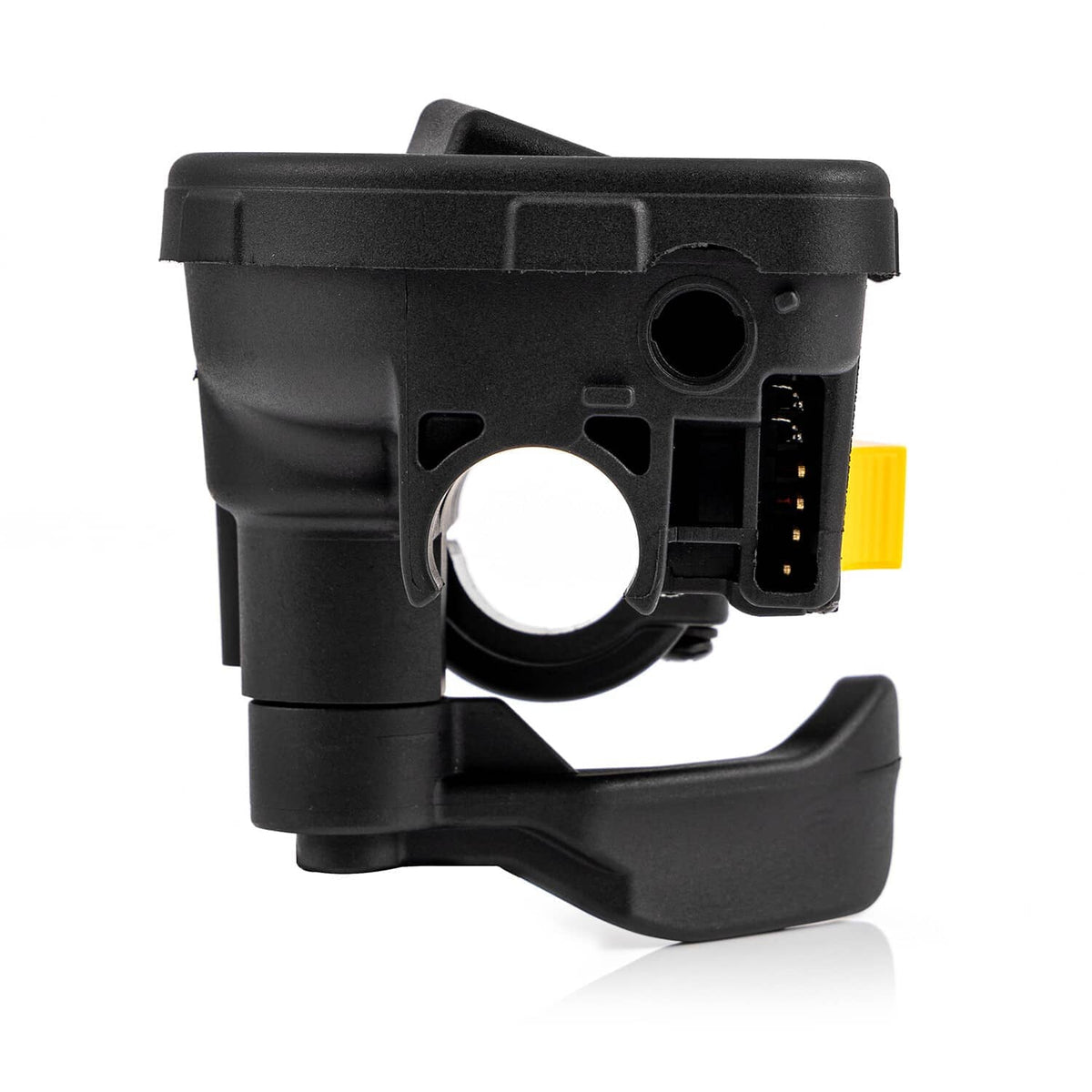 Thumb throttle lever underside view with round opening and connector port, yellow insert