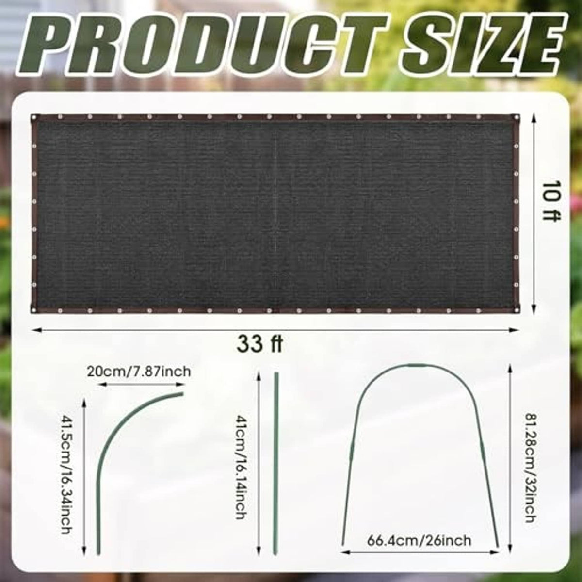 Rectangular dark gray shade cloth panel with grommets and measurement markings