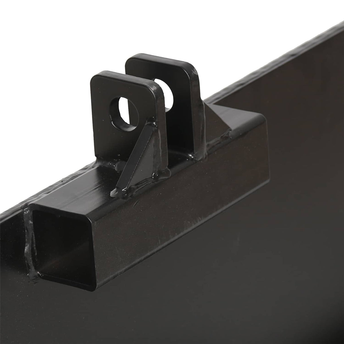 Black steel top lift bracket on attachment adapter hitch with circular pin opening