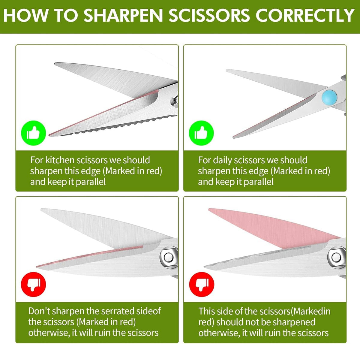 Scissors sharpening guide with four panels showing correct sharpening angles
