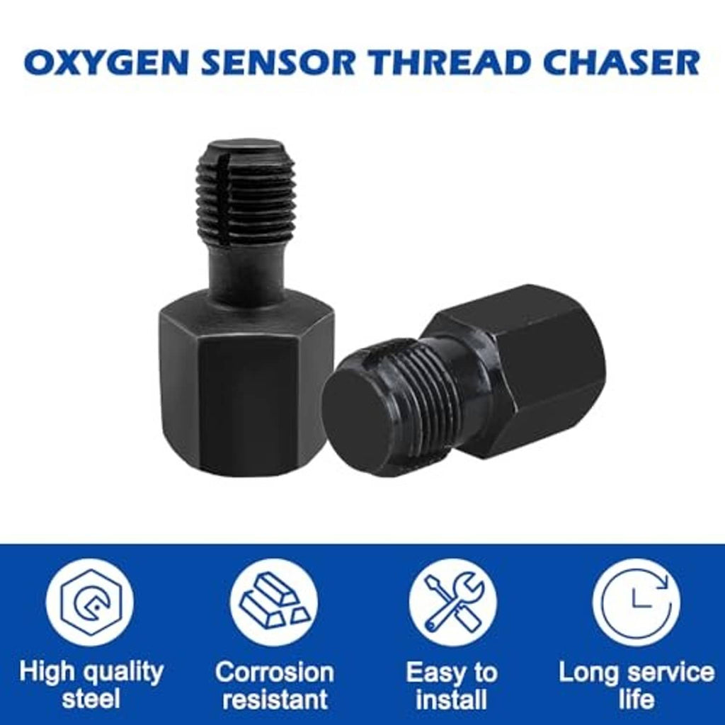 Oxygen sensor thread chaser set, black hex tools with exterior threads and hex drive