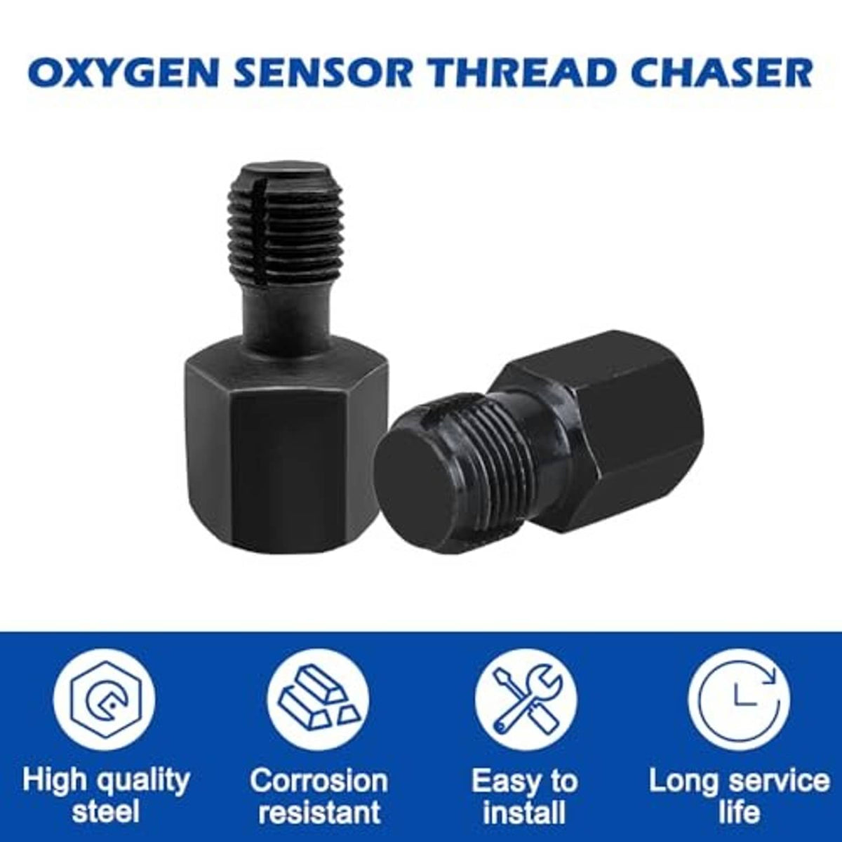 Oxygen sensor thread chaser set, black hex tools with exterior threads and hex drive