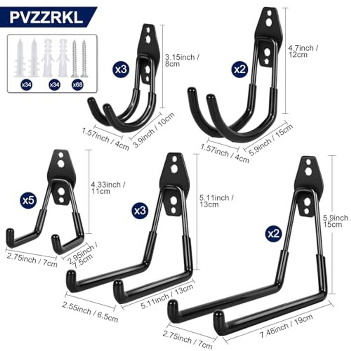 Black garage hook set with size diagram showing multiple curved U-shaped arms