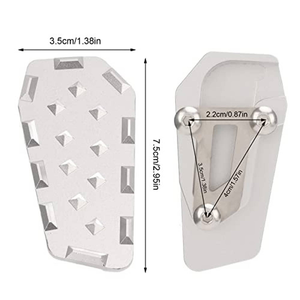 Silver brake extension pedal with mounting pin clips and dimensioned bracket