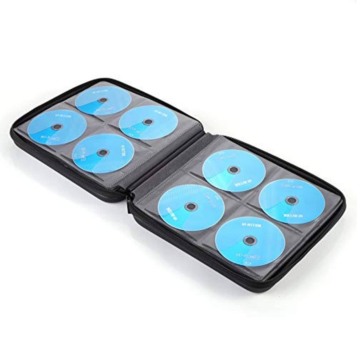 Open black CD disc case with slots for blue discs