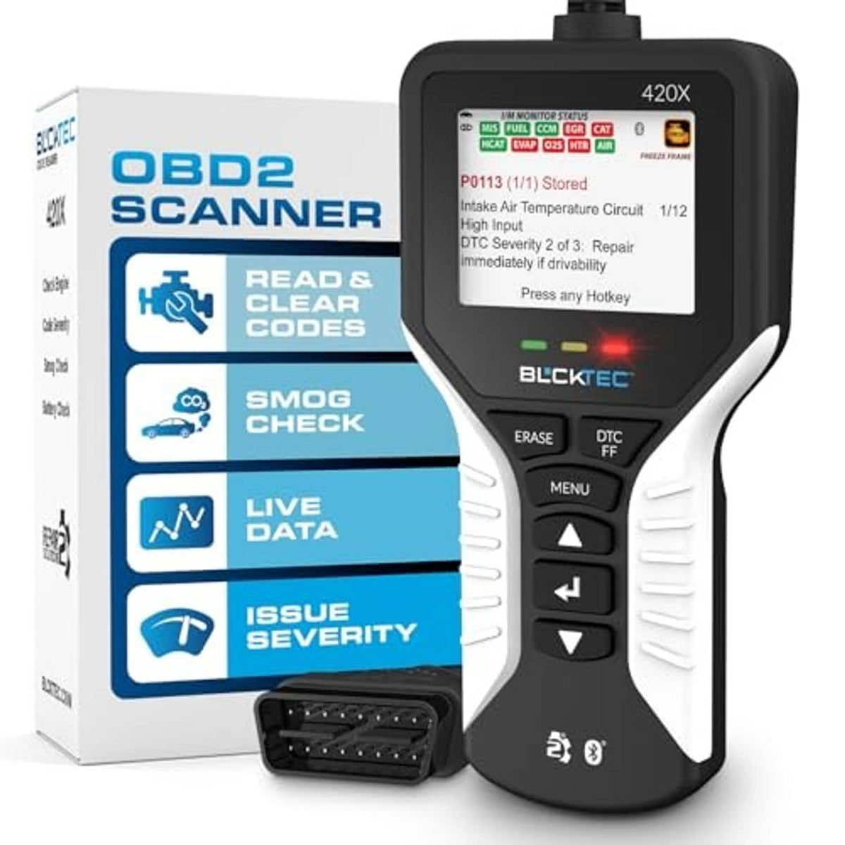 OBD2 scanner angled view with lit display and side buttons; includes OBD cable