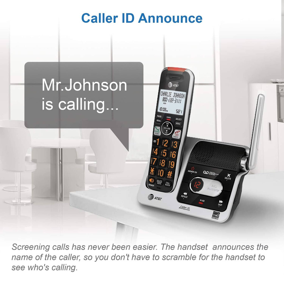 Cordless phone handset on stand with call ID announce text on the screen