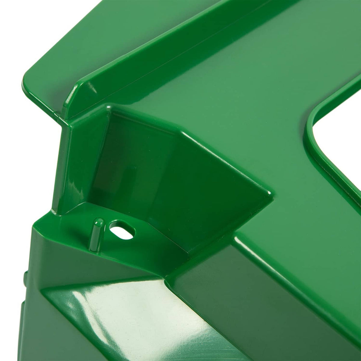 John Deere front lower hood, green plastic panel with round mounting hole detail