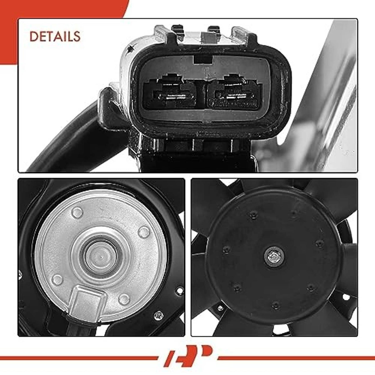 Radiator cooling fan assembly details: electrical connector and round motor housing