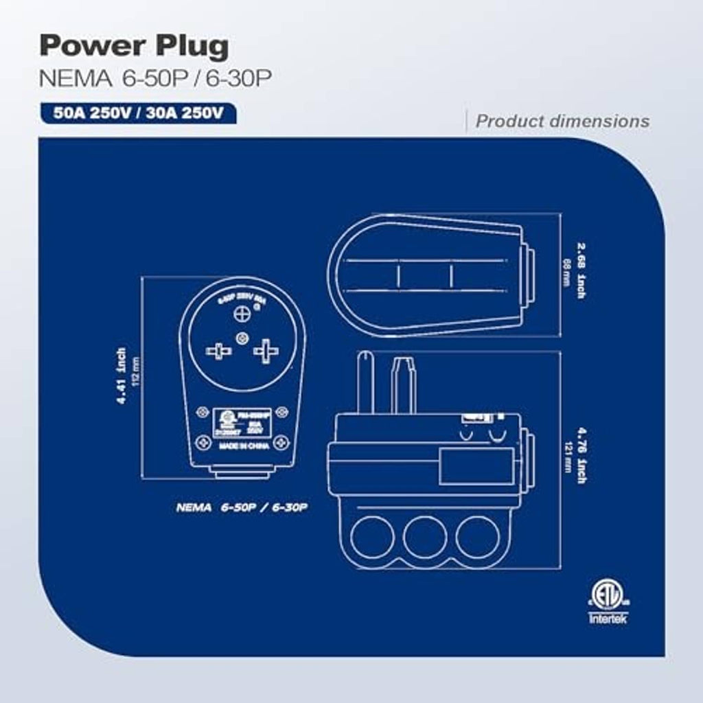 Plug dimensions diagram for NEMA 6-50P/6-30P power plug packaging