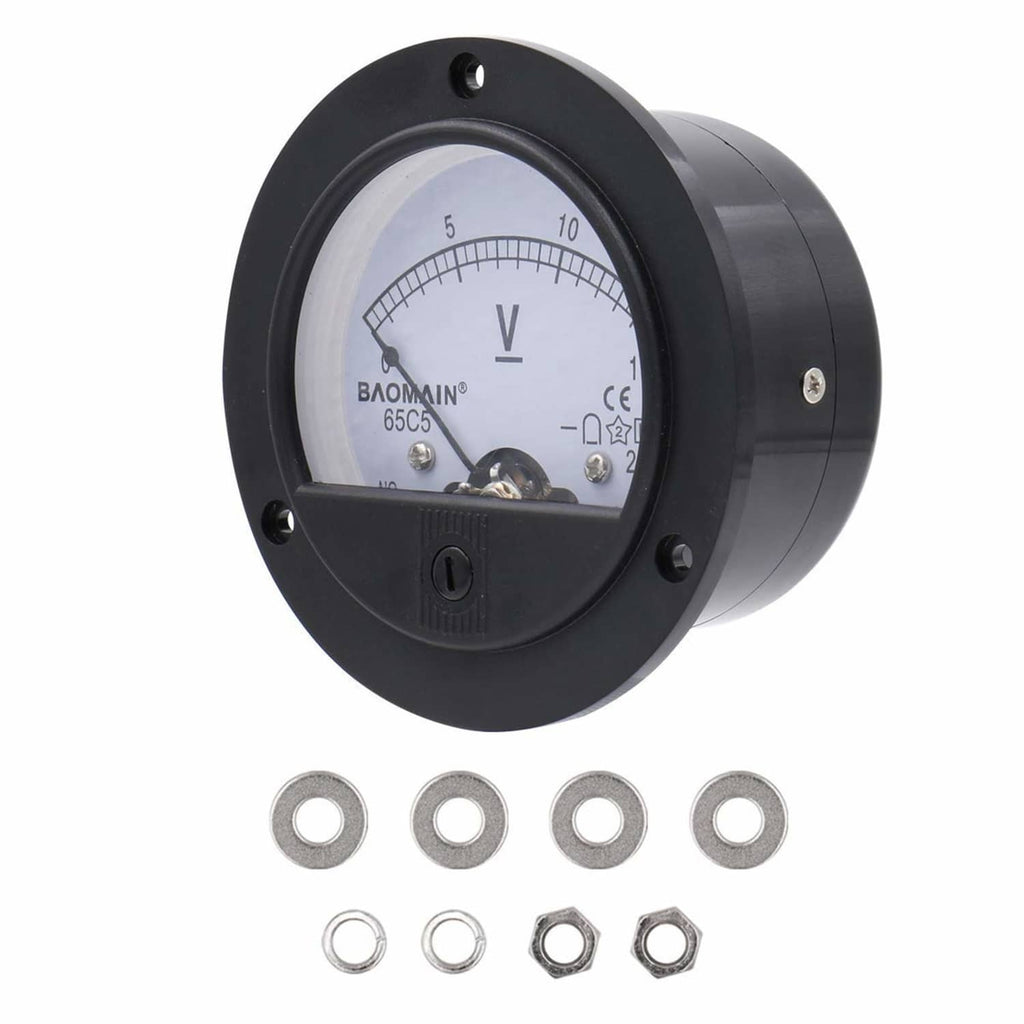 Black analog panel voltmeter front view with V scale and mounting holes