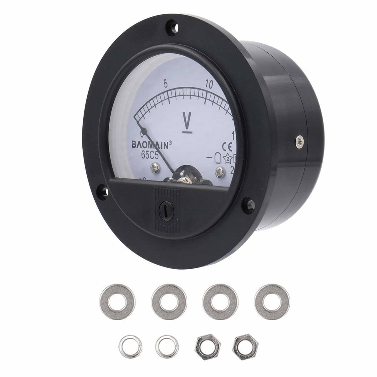 Black analog panel voltmeter front view with V scale and mounting holes