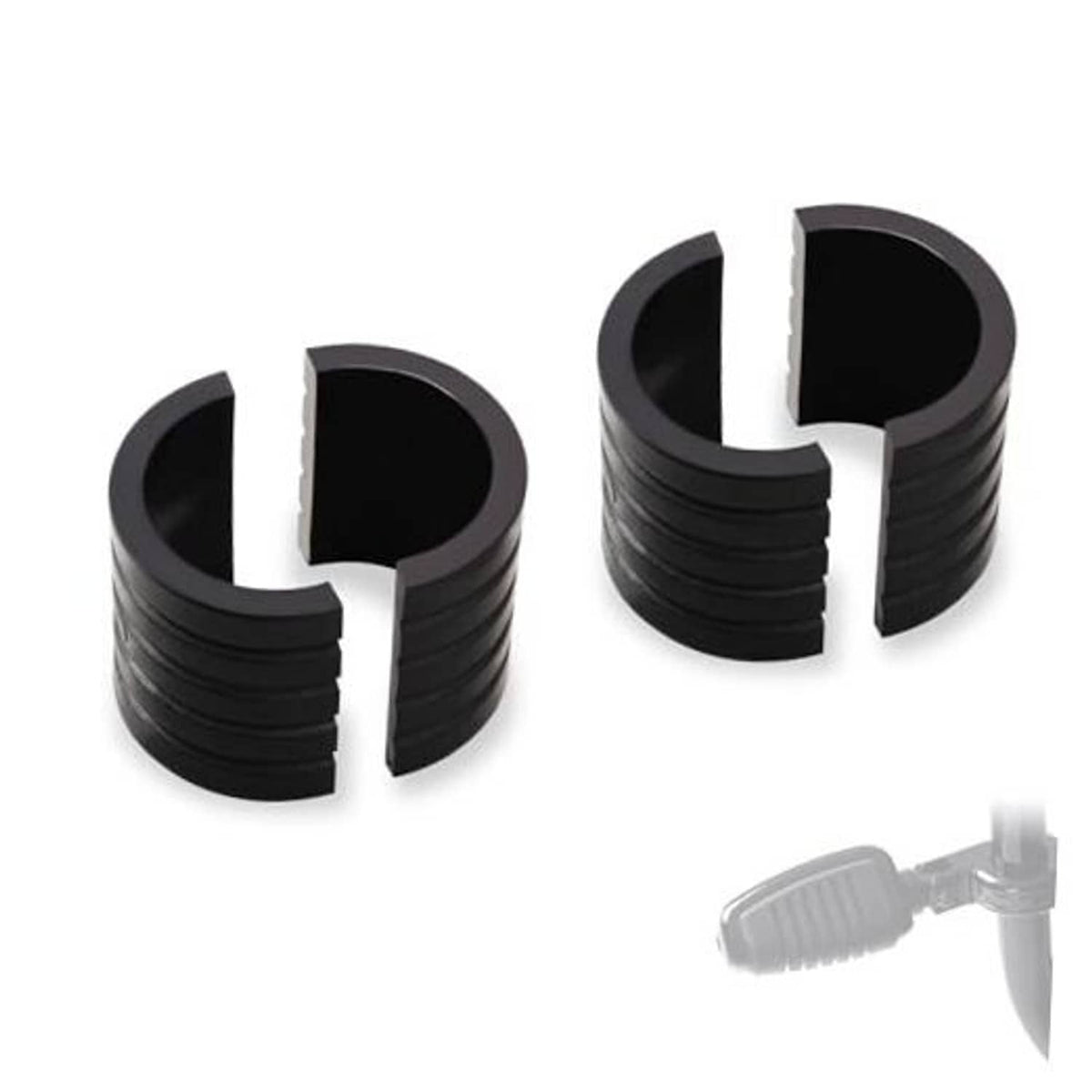 Black highway peg mount spacer bushings, pair of ribbed sleeves with inner cutout