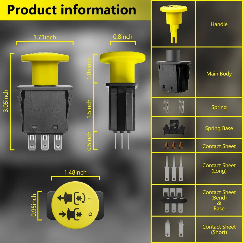 PTO switch parts diagram: yellow cap, black body, and metal contact terminals