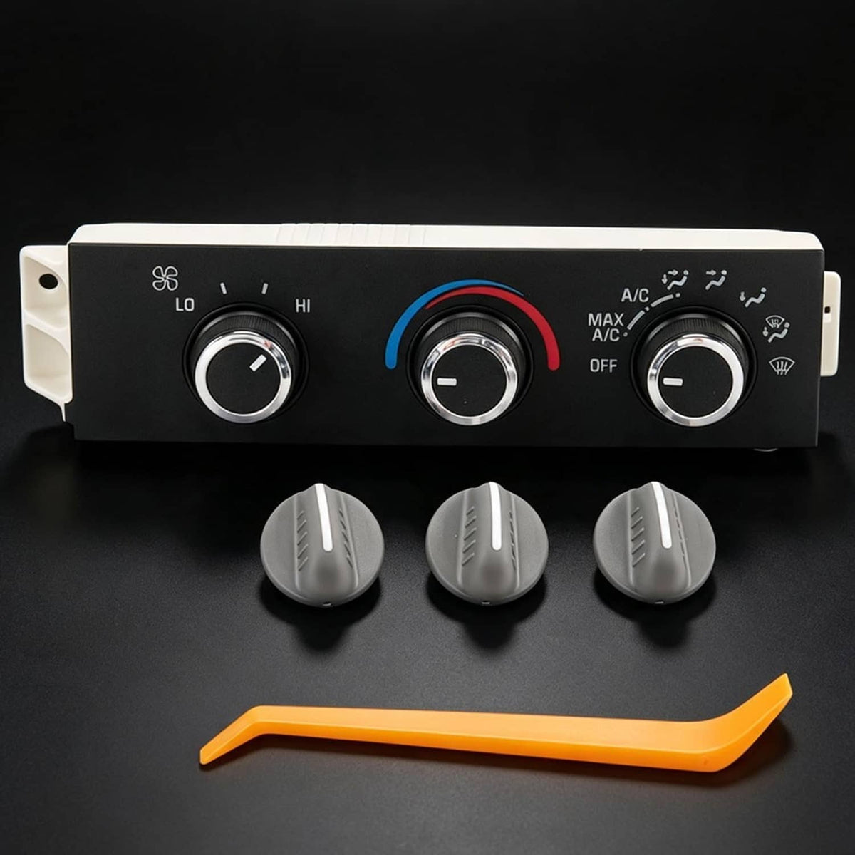 A/C heater control climate panel with three rotary knobs and indicator rings