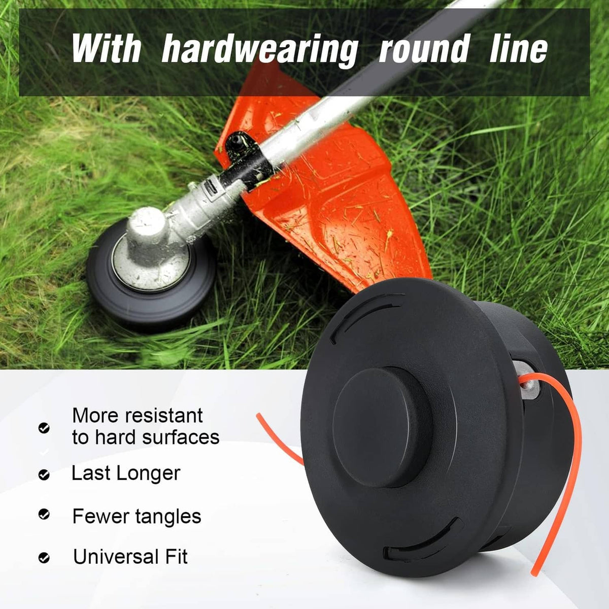 Black trimmer head with orange line, shown near a string trimmer on grass
