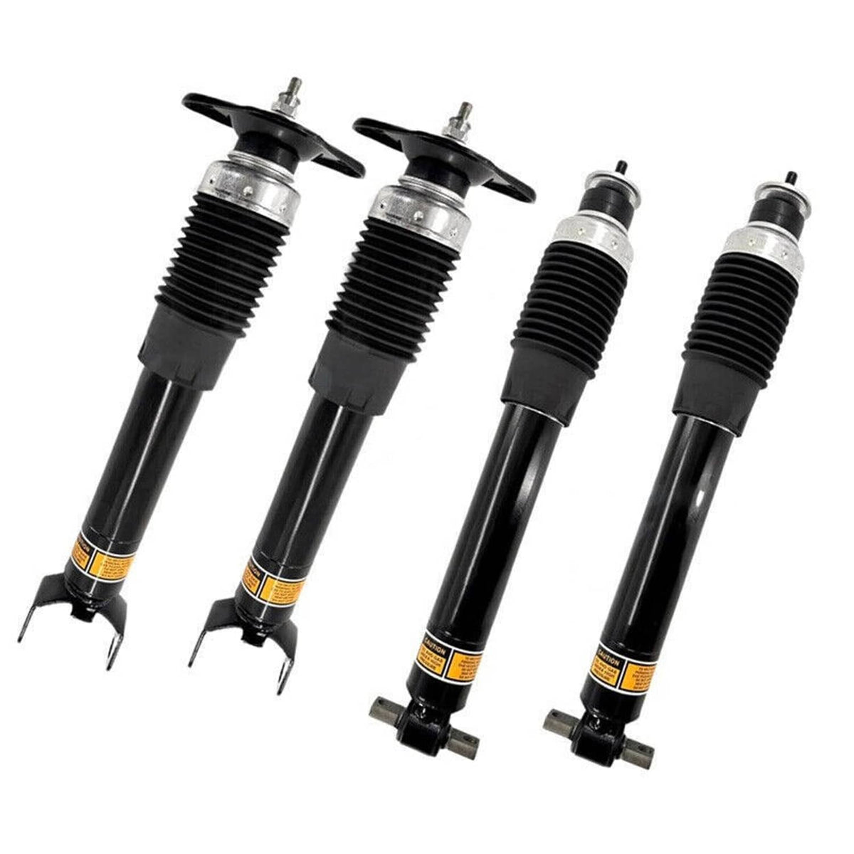 Set of four black shock absorber struts with coil springs and top mounts