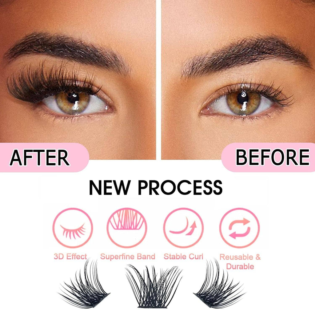 After and before view showing fuller eyelash look from reusable cluster lashes