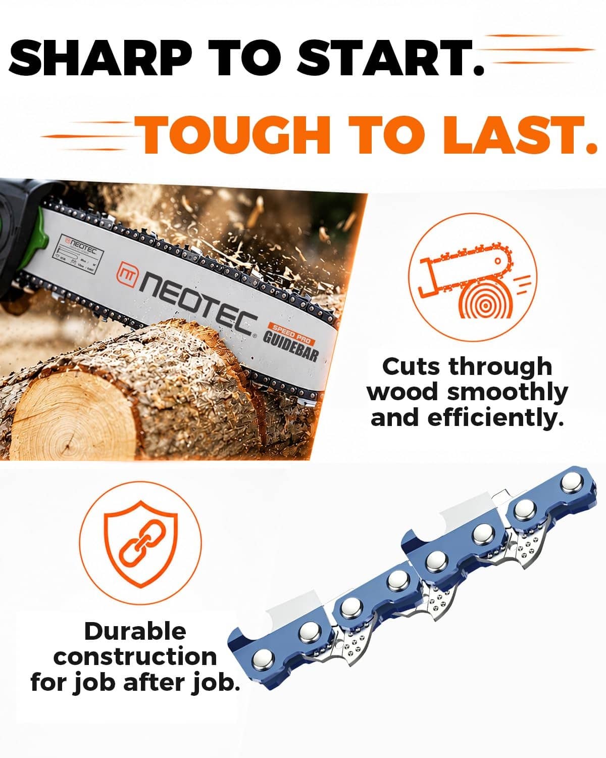 Chainsaw guide bar with blue chain links, featuring smooth wood cutting