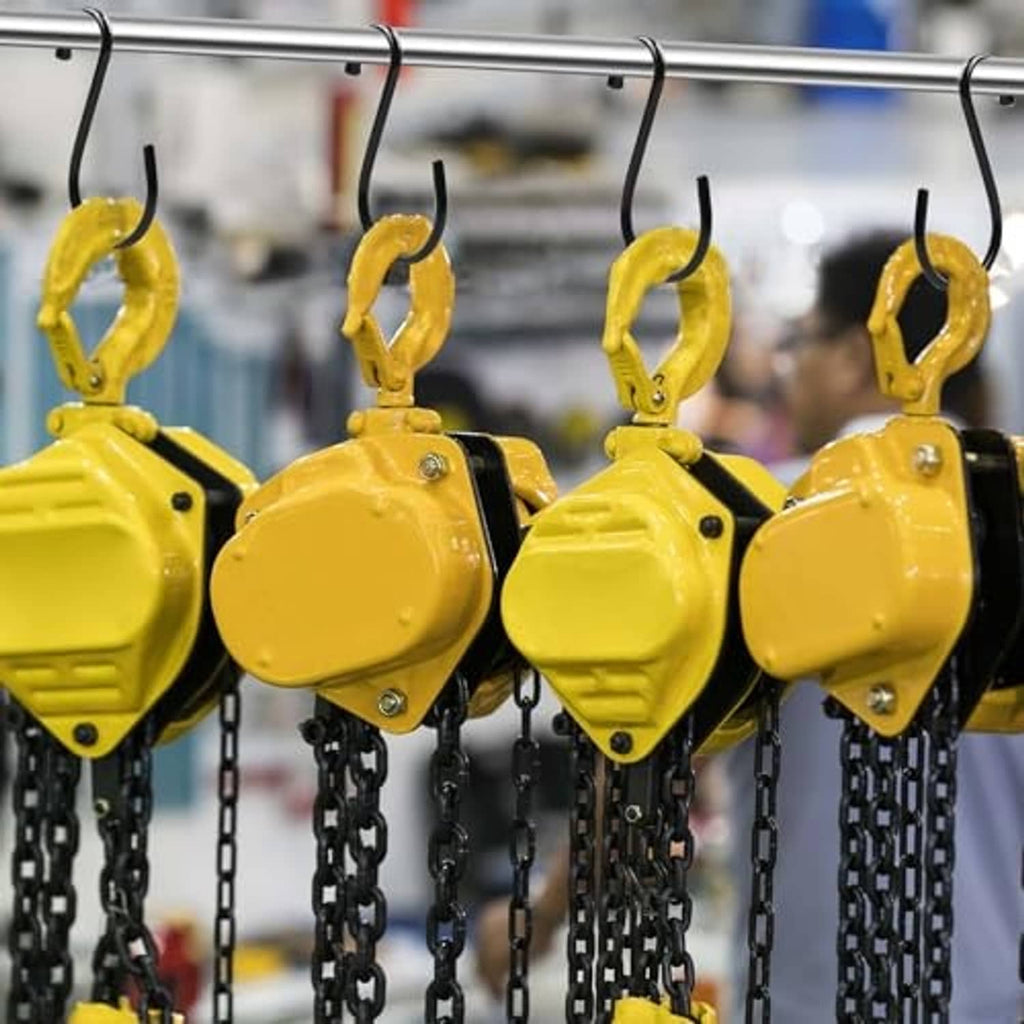 Yellow chain hangers with metal hooks on a rod, heavy duty hanging hardware