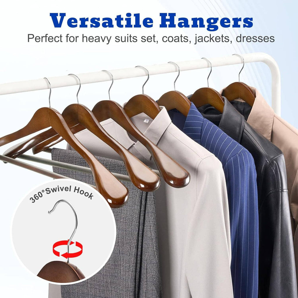 Wooden suit hangers with smooth finish and swivel hooks, holding coats and jackets