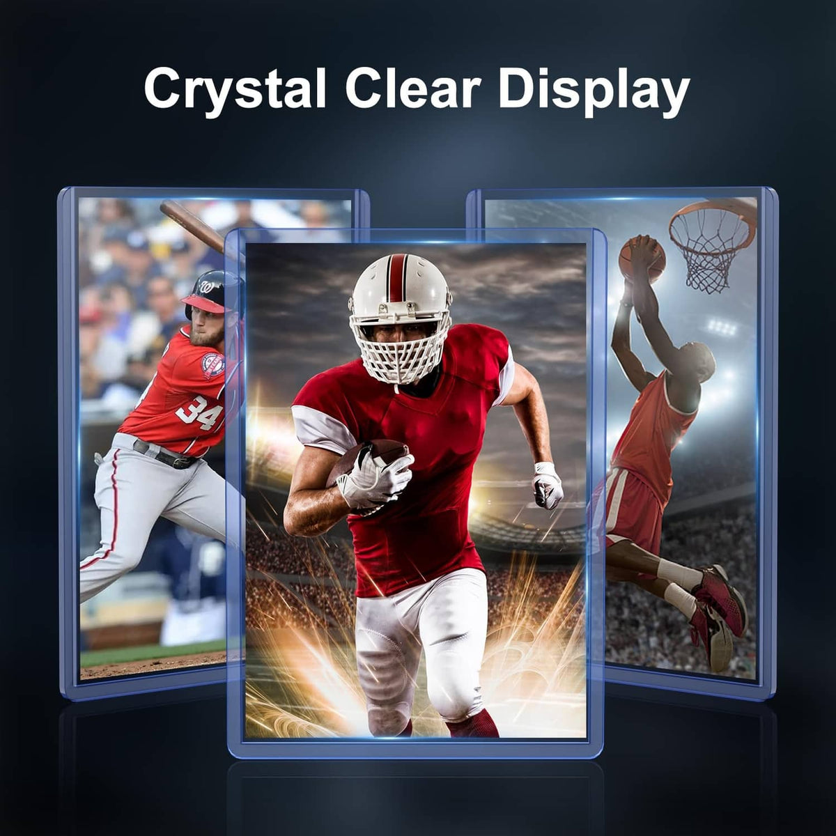 Crystal-clear card sleeves showing sports cards with protective transparent front covers