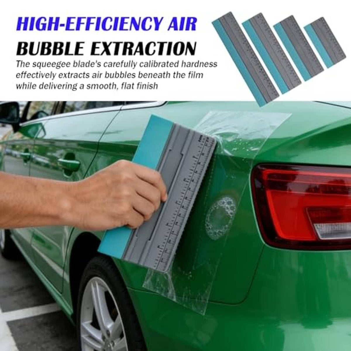 Squeegee ruler tool for removing air bubbles, gray body with teal edge and felt pad