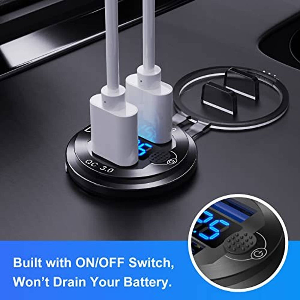 Dual-port QC 3.0 car USB charger on dashboard with ON/OFF switch and blue LEDs