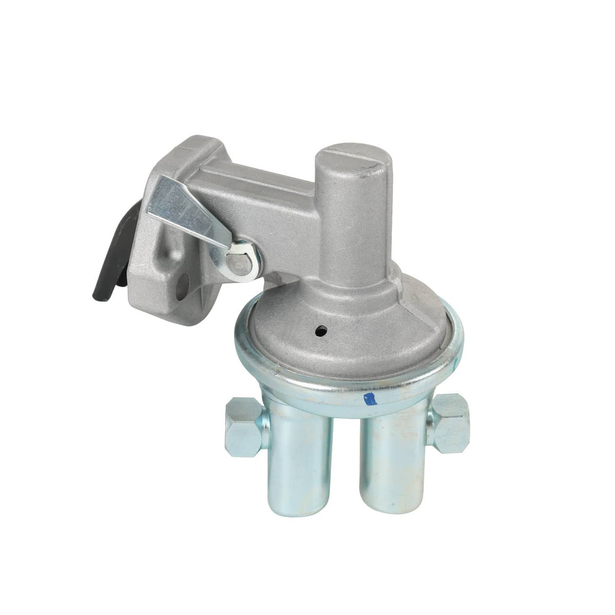 Fuel lift transfer pump assembly with black lever, circular base, and four mounting bolts