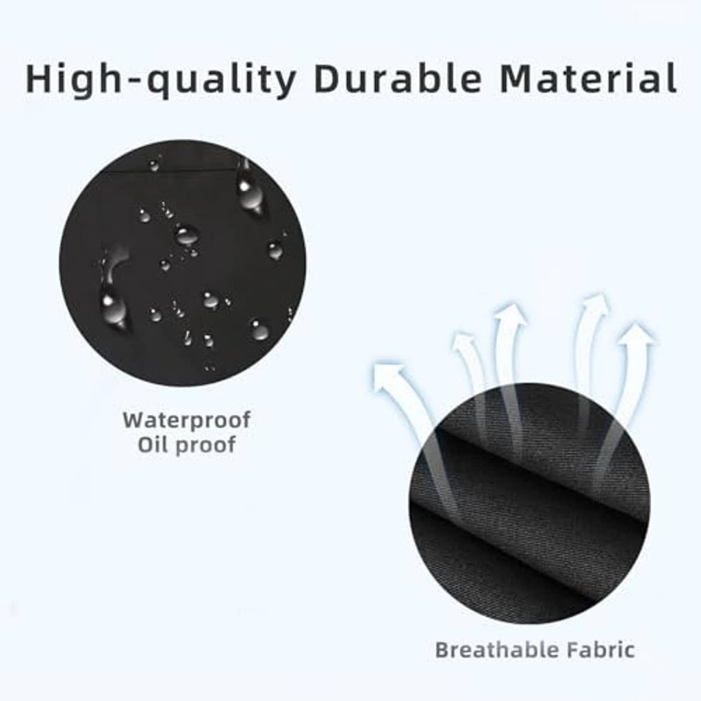Black apron fabric details: waterproof oil proof and breathable material.