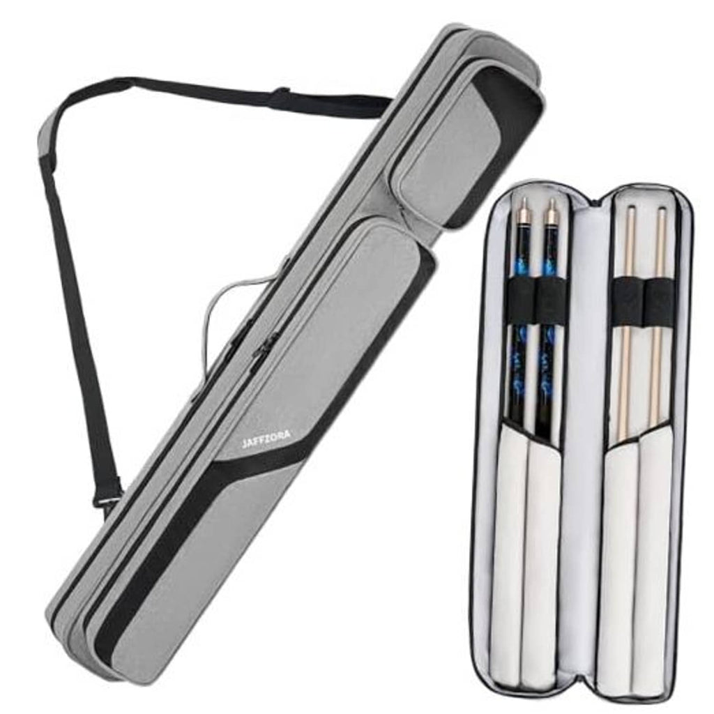 Grey pool cue case with black trim, open top showing two fitted cue compartments