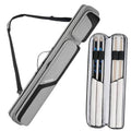 Grey pool cue case with black trim, open top showing two fitted cue compartments