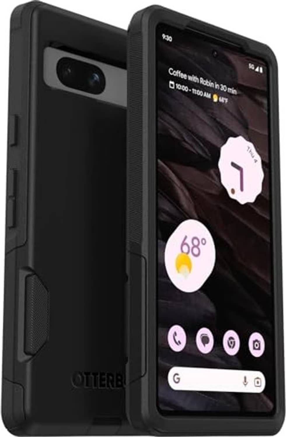 Black rugged commuter phone case, front and back views, textured grip and camera opening