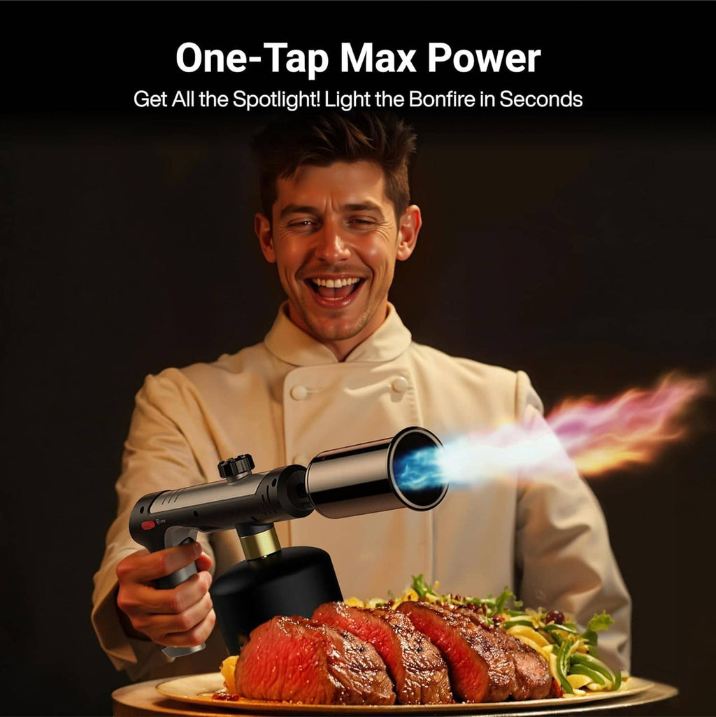 Propane torch gun with safety lock igniting blue-white flame over grilled food