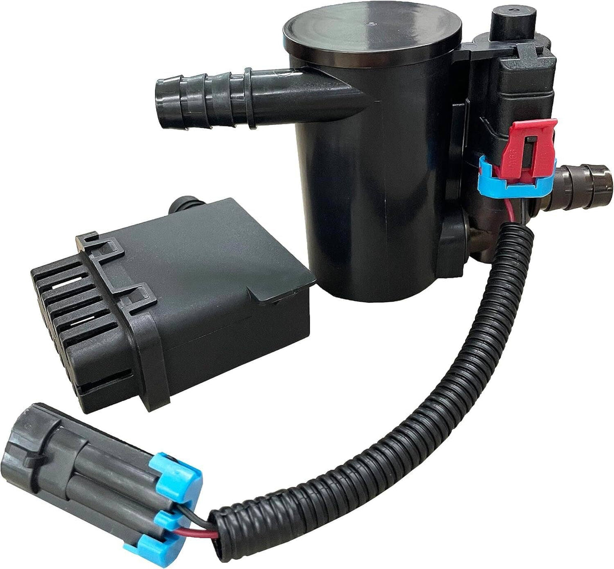 Vapor canister vent solenoid valve with black plastic housing and vacuum hose connectors