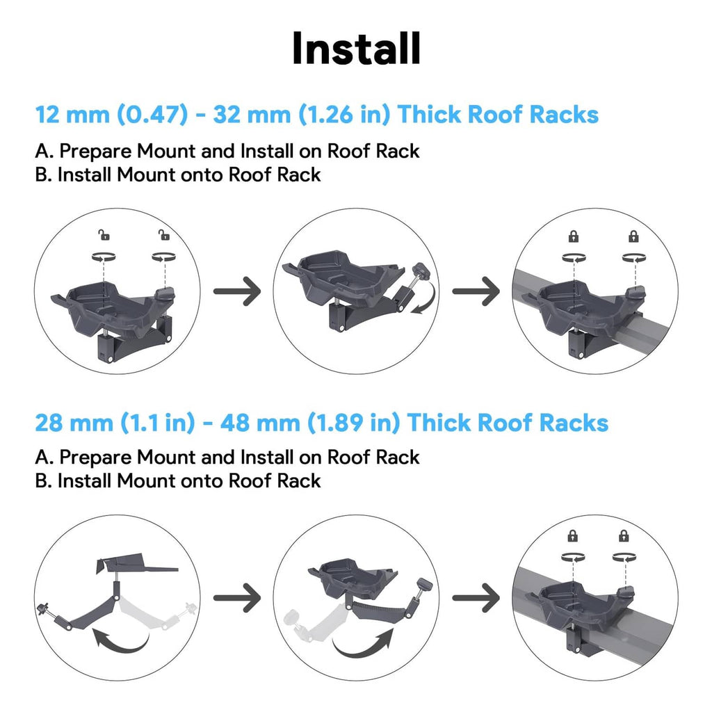 Gray aluminum roof rack mount shown in installation steps with attachment parts