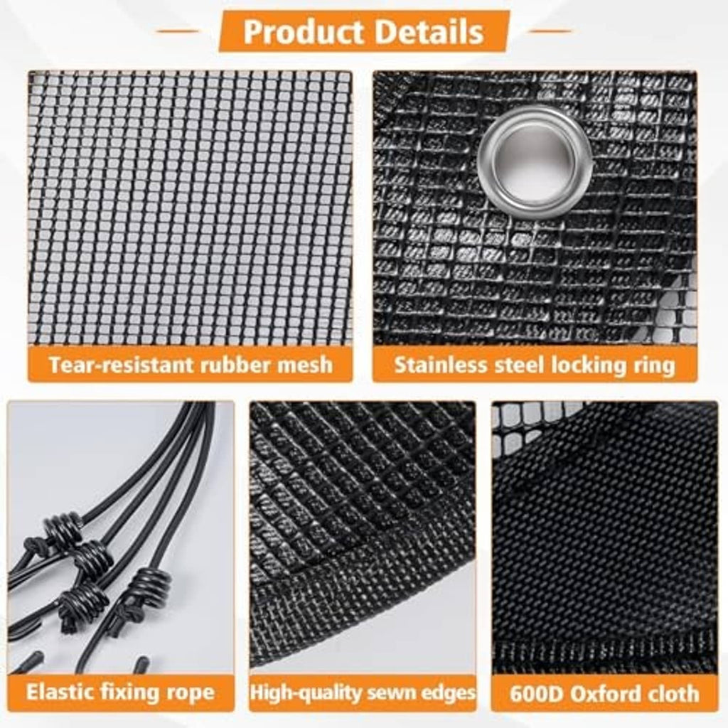 Black air conditioner cover material details: mesh panel, stitched edges, locking ring