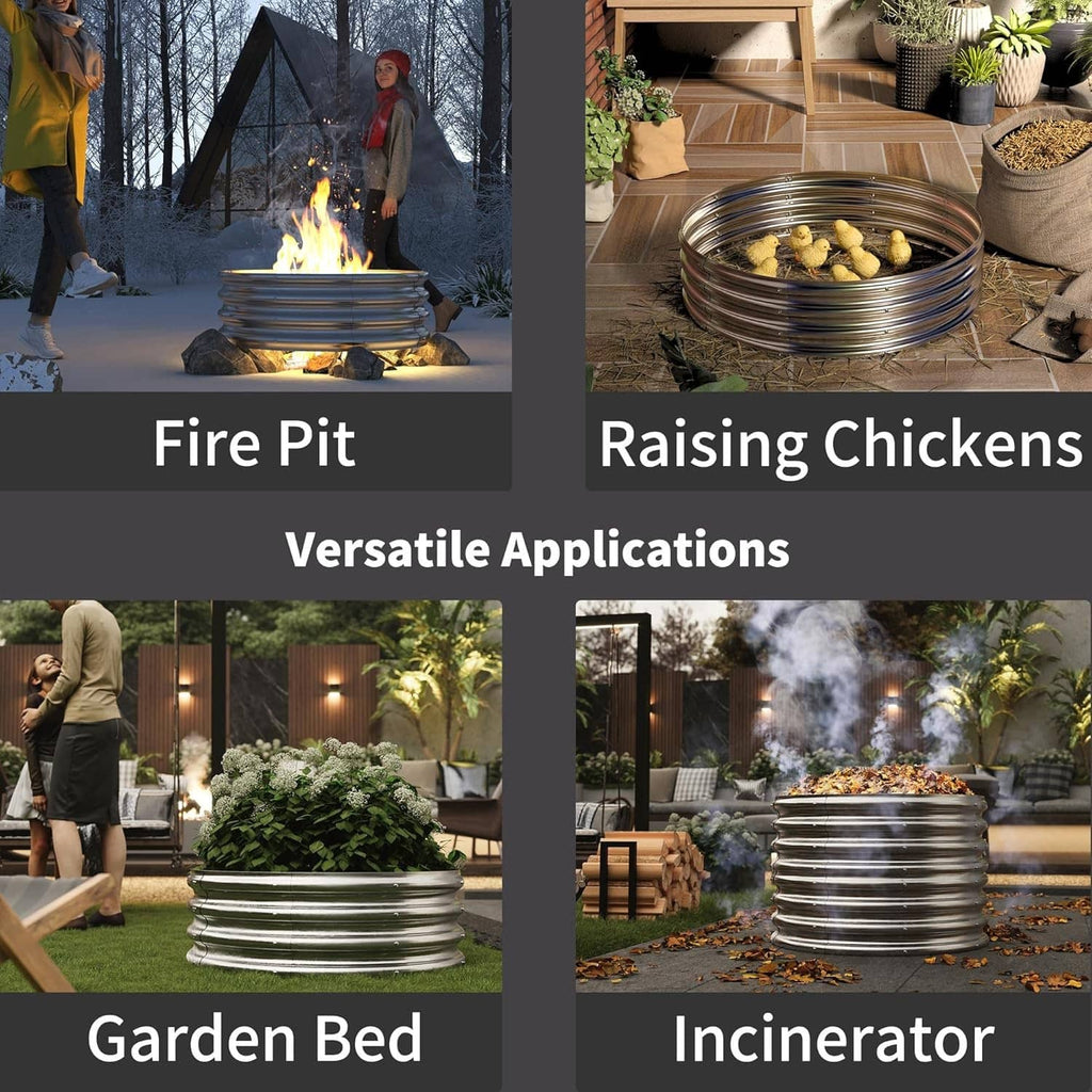 Galvanized fire pit ring with fire burning in outdoor snowy setting