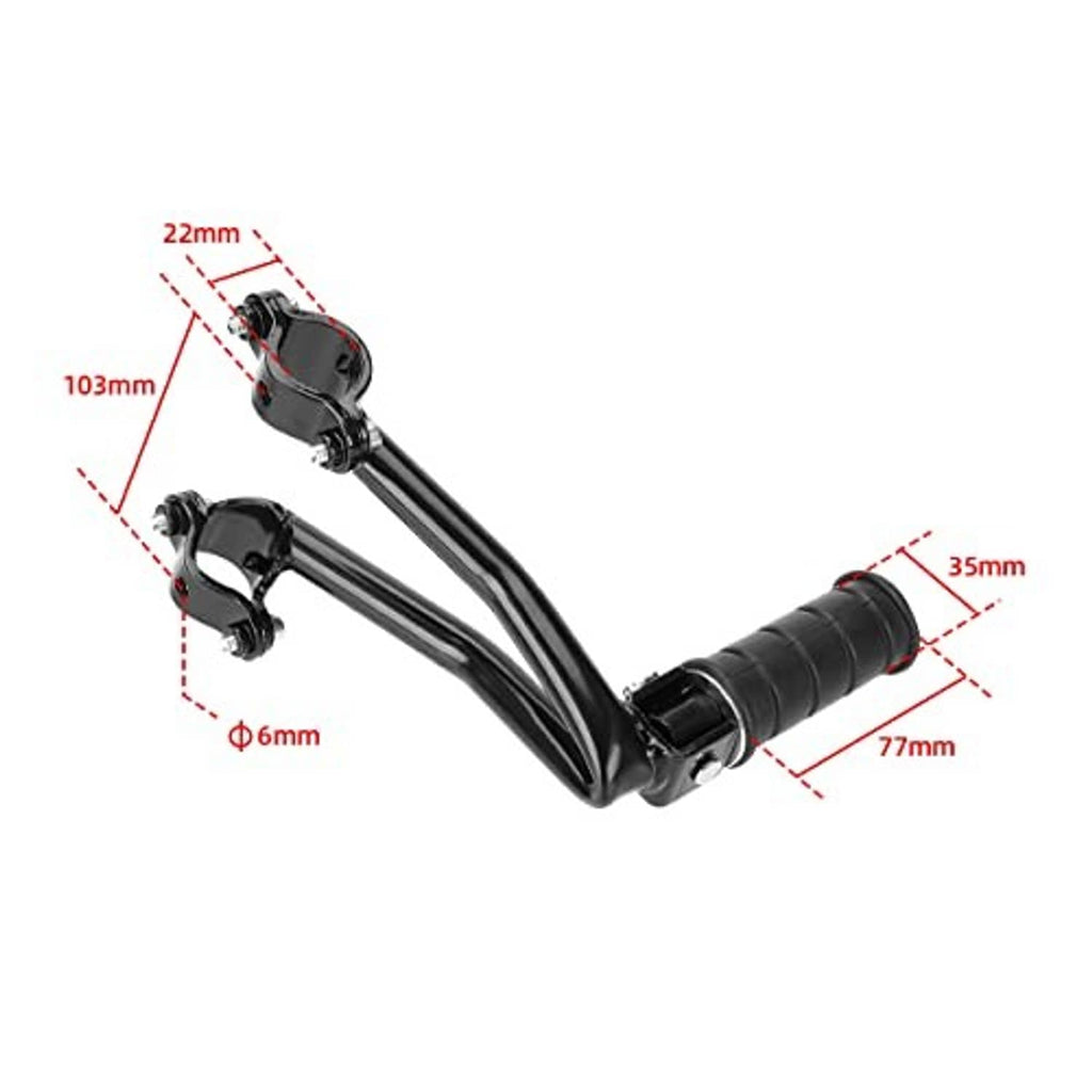 Black rear passenger foot pegs with dimensioned mounting arm and rubber grip