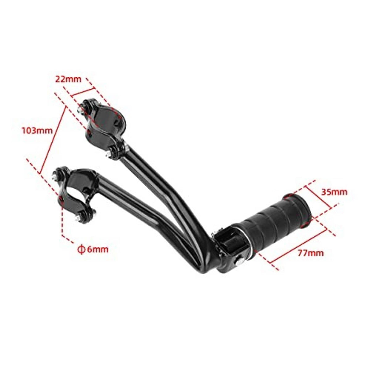 Black rear passenger foot pegs with dimensioned mounting arm and rubber grip