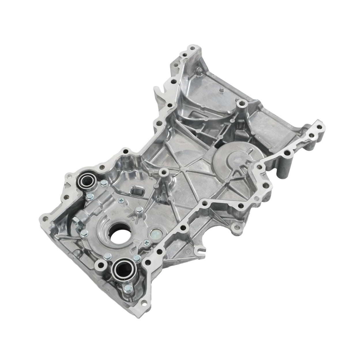 Engine timing cover oil pump assembly, angled view with central round opening and gasket ports