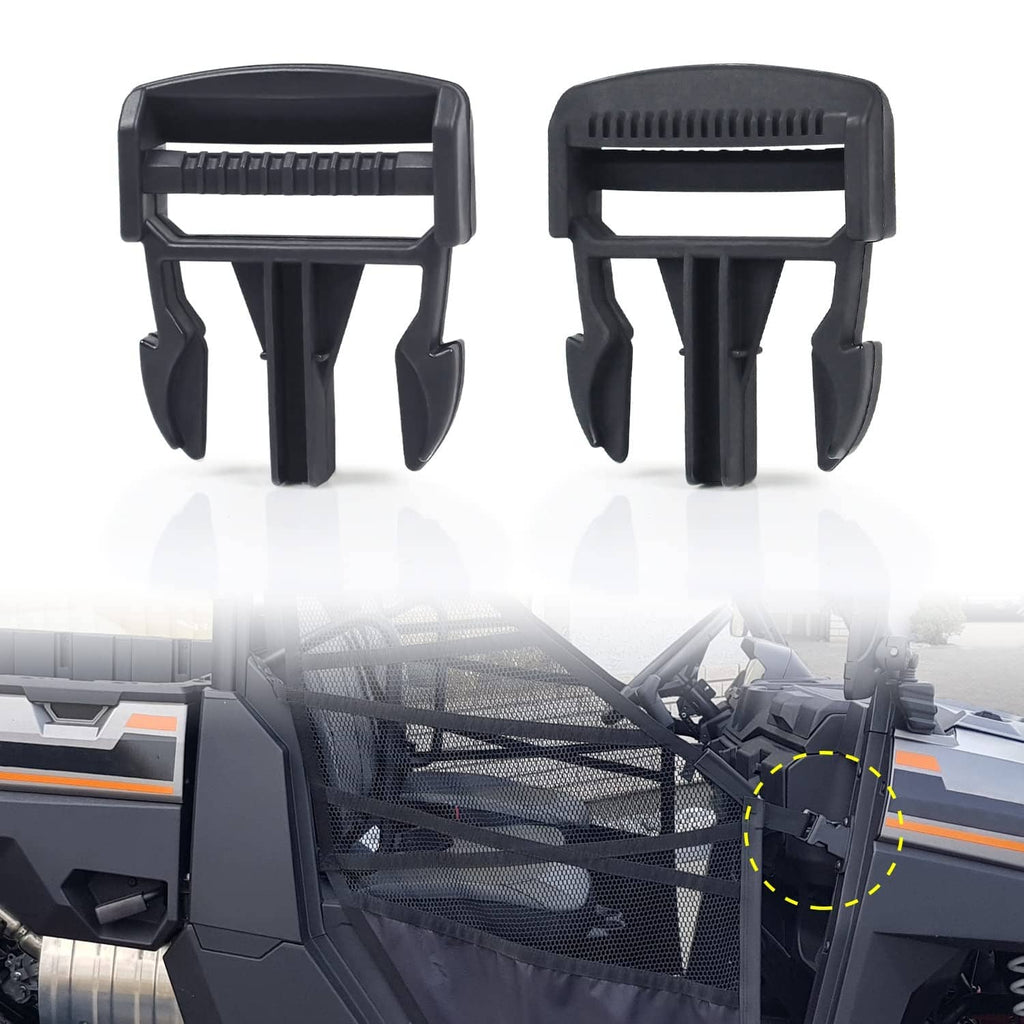 Black door net buckle clips, two-piece set for Polaris Ranger, visible clasp and teeth