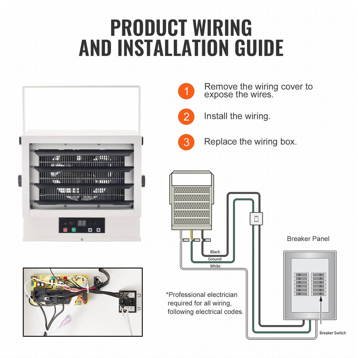 Electric garage heater wiring and installation guide with control unit and diagram