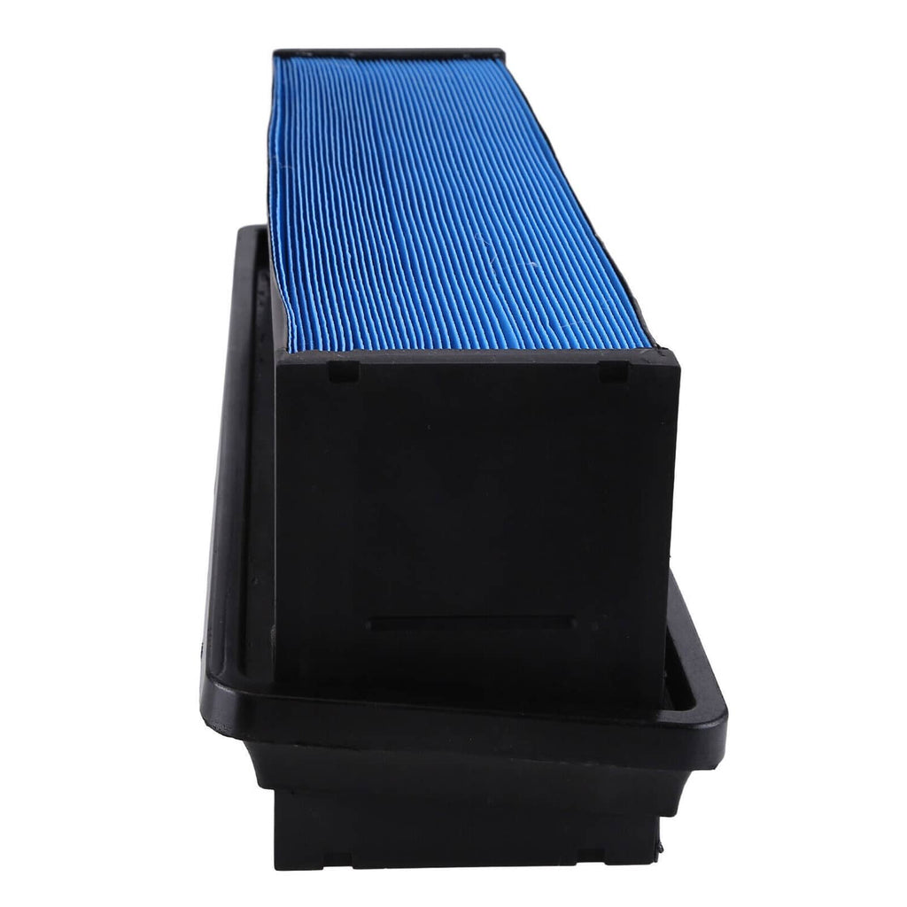 Engine air filter with blue pleated media and black plastic housing